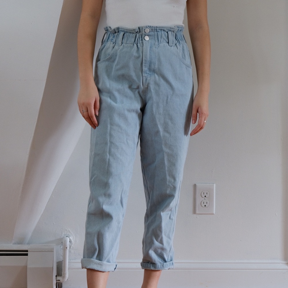 Light blue denim high waisted paper bag jeans